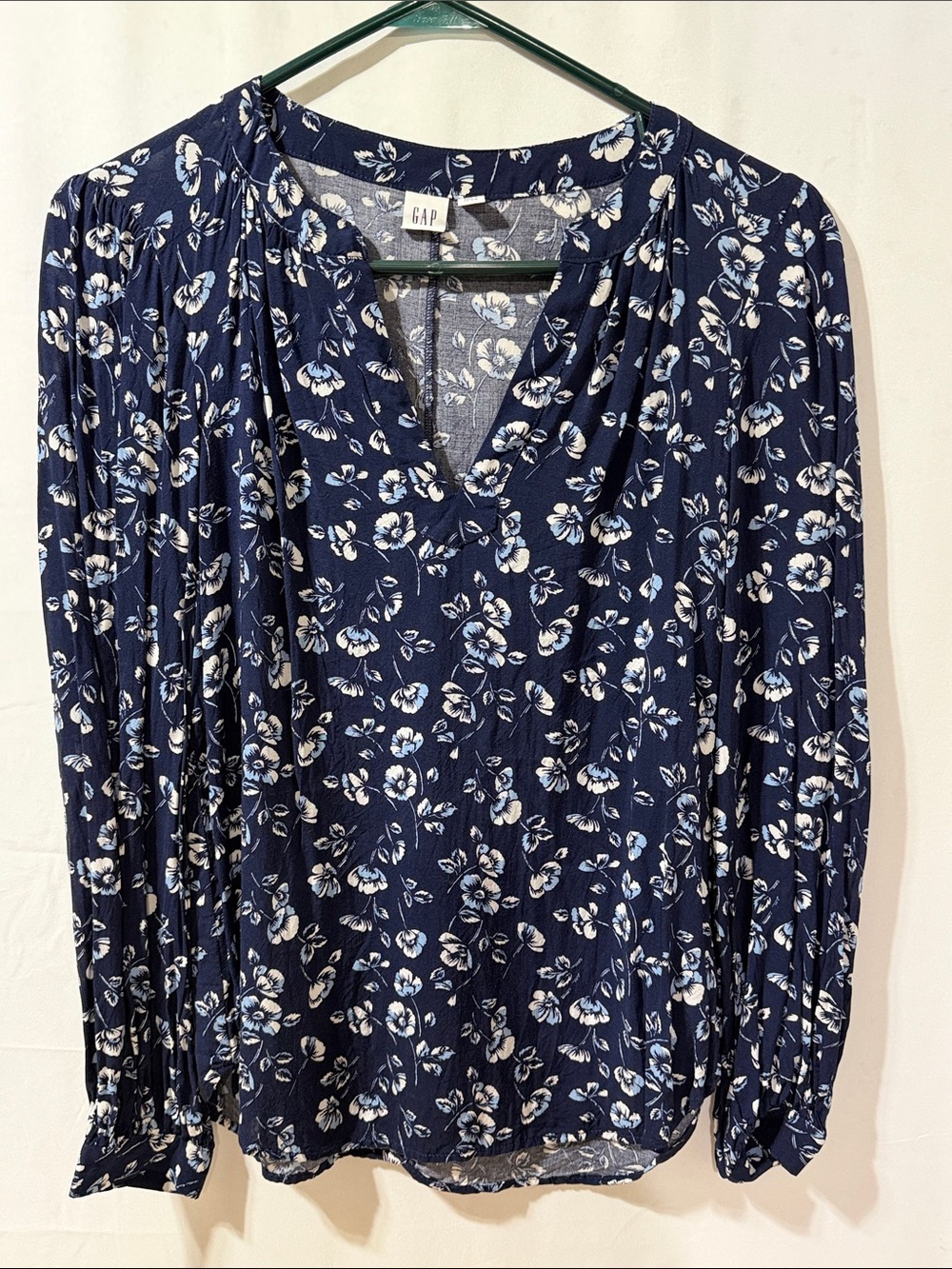 GAP Navy and White Floral V-Neck Long Sleeve Blouse